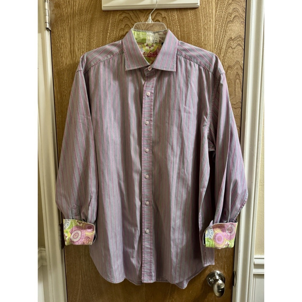 ROBERT GRAHAM Men's Black/Pink Stripe Long Sleeve Button Down Shirt Flip Cuff L